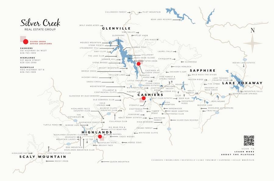 Silver Creek Real Estate Group map of the Highlands-Cashiers Plateau, showing Highlands, Cashiers, Scaly Mountain, Sapphire, Glenville and Lake Toxaway with neighborhoods, clubs, and communities marked