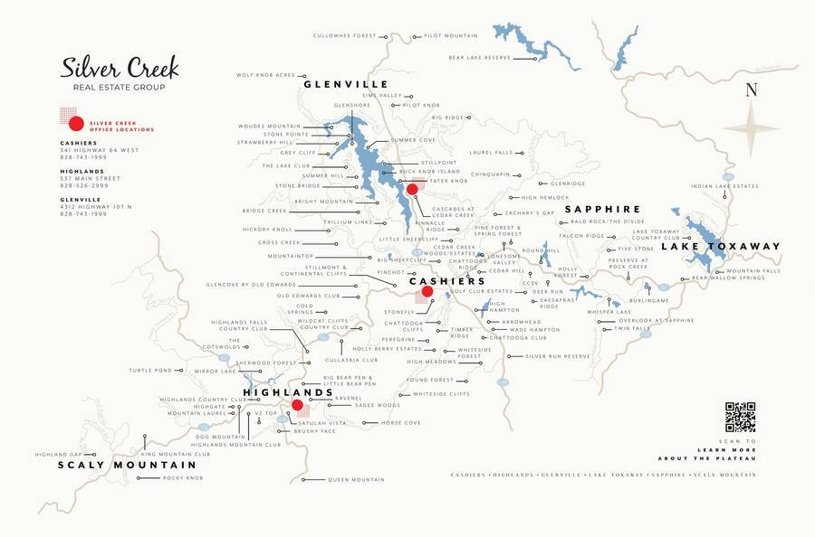 Silver Creek Real Estate Group map of the Highlands-Cashiers Plateau, zoomed in