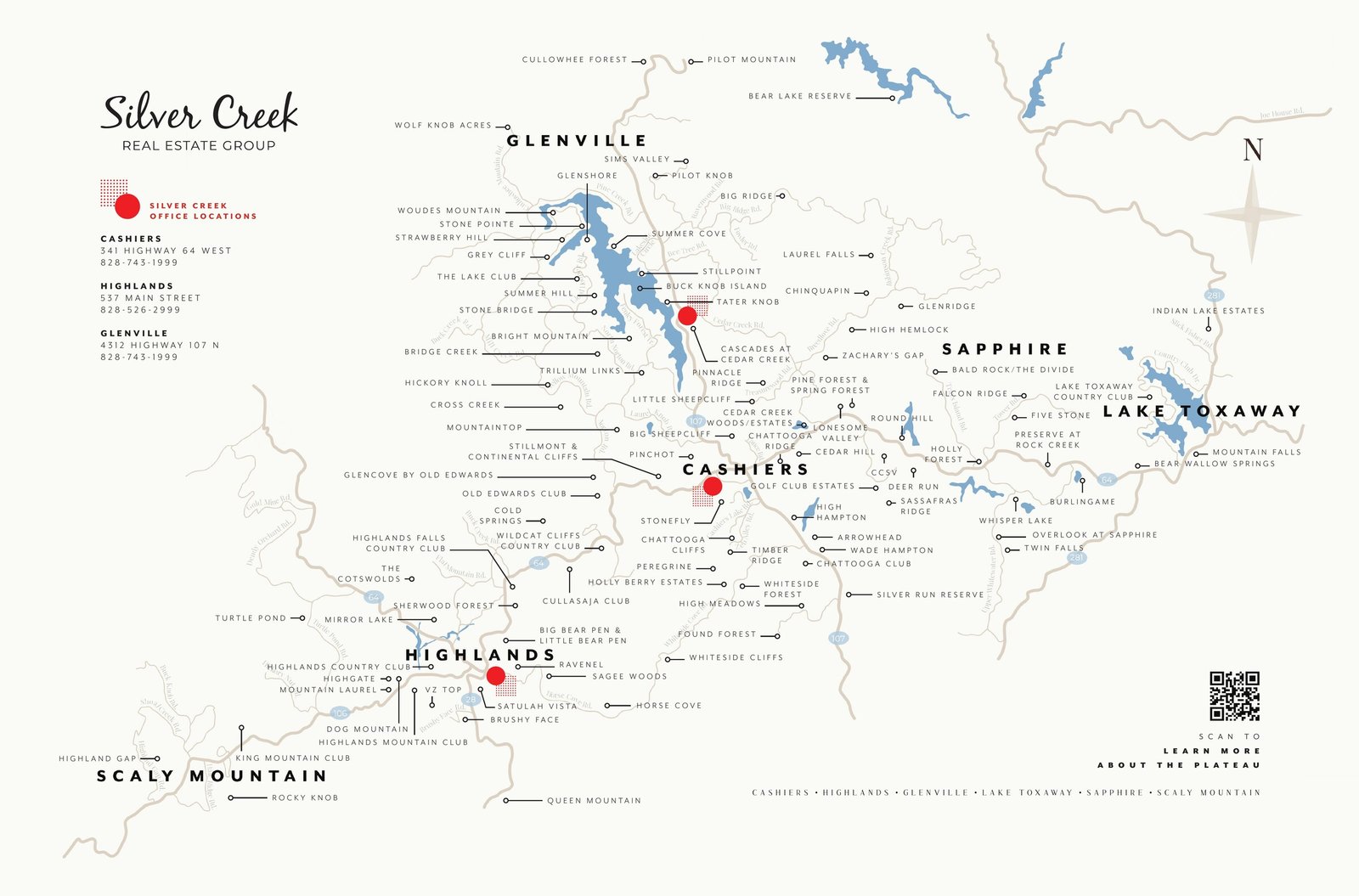 Silver Creek Real Estate Group map of the Highlands-Cashiers Plateau, showing Highlands, Cashiers, Scaly Mountain, Sapphire, Glenville and Lake Toxaway with neighborhoods, clubs, and communities marked