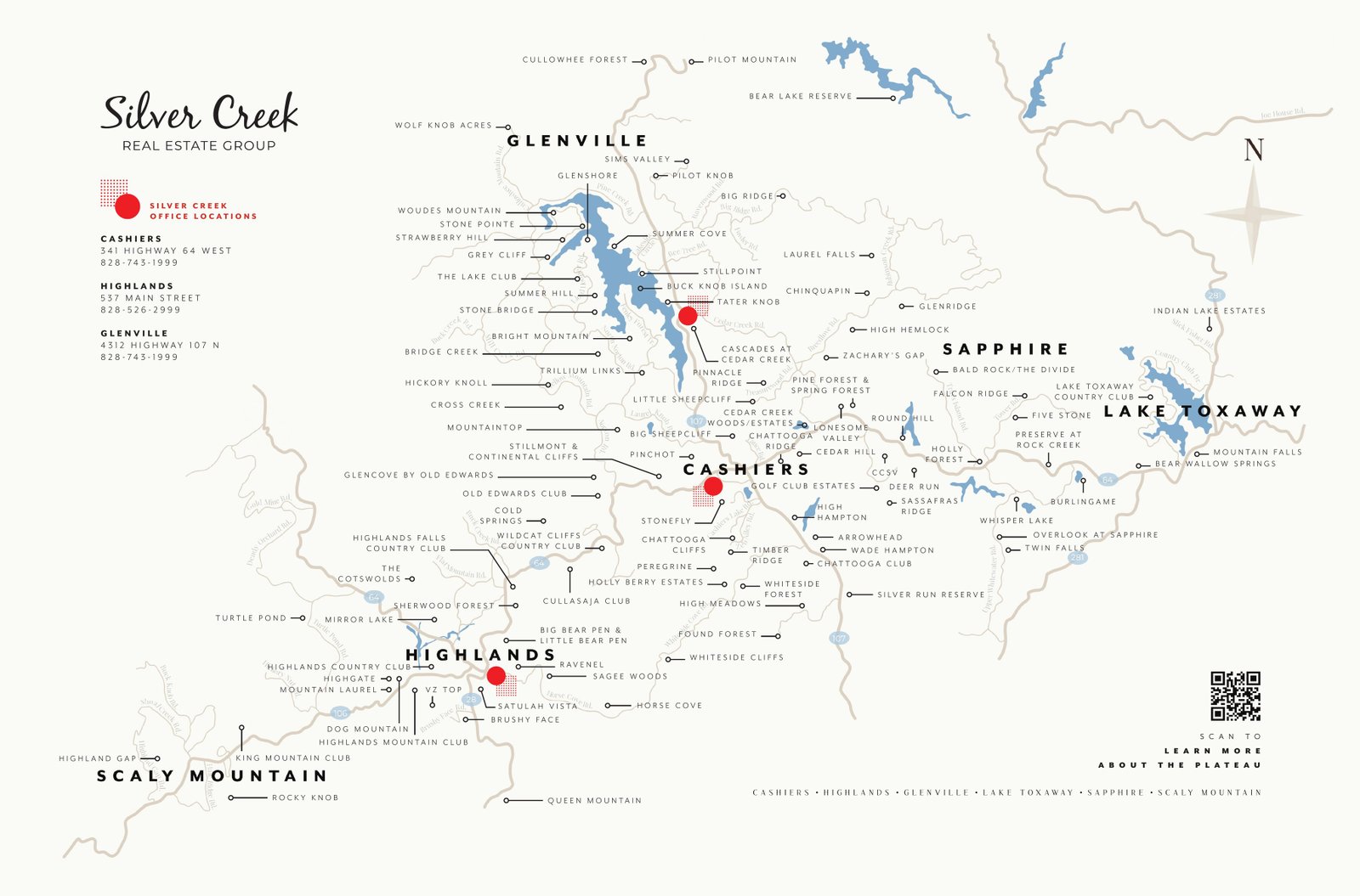Silver Creek Real Estate Group map of the Highlands-Cashiers Plateau, zoomed in